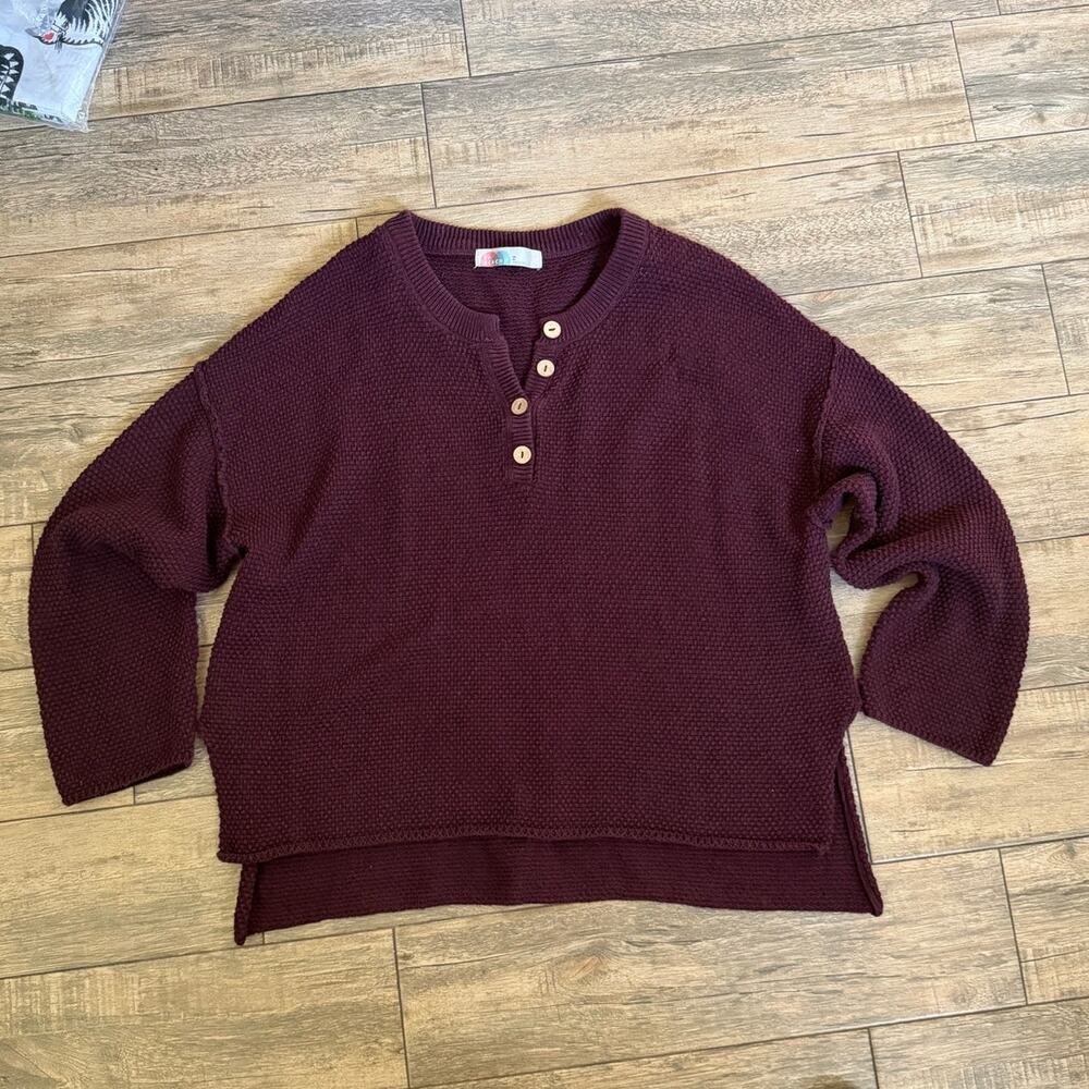 Free People Sweater Hailee Waffle Knit Mulberry Henley Purple Size Medium - Picture 3 of 9